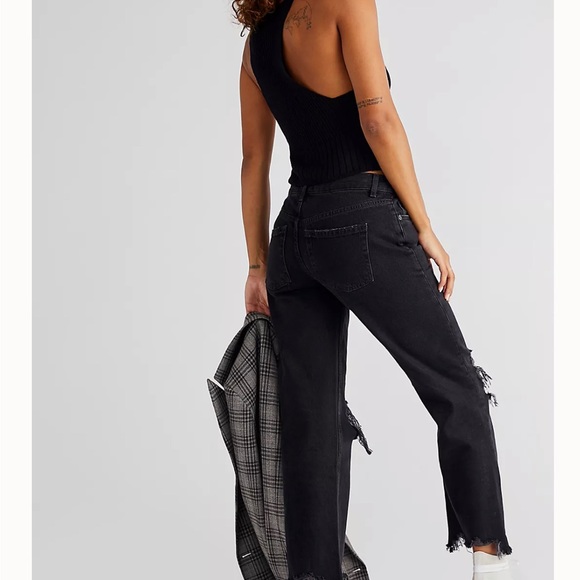 Free People Maggie Mid Rise Straight Washed Black Jeans - Picture 2 of 6